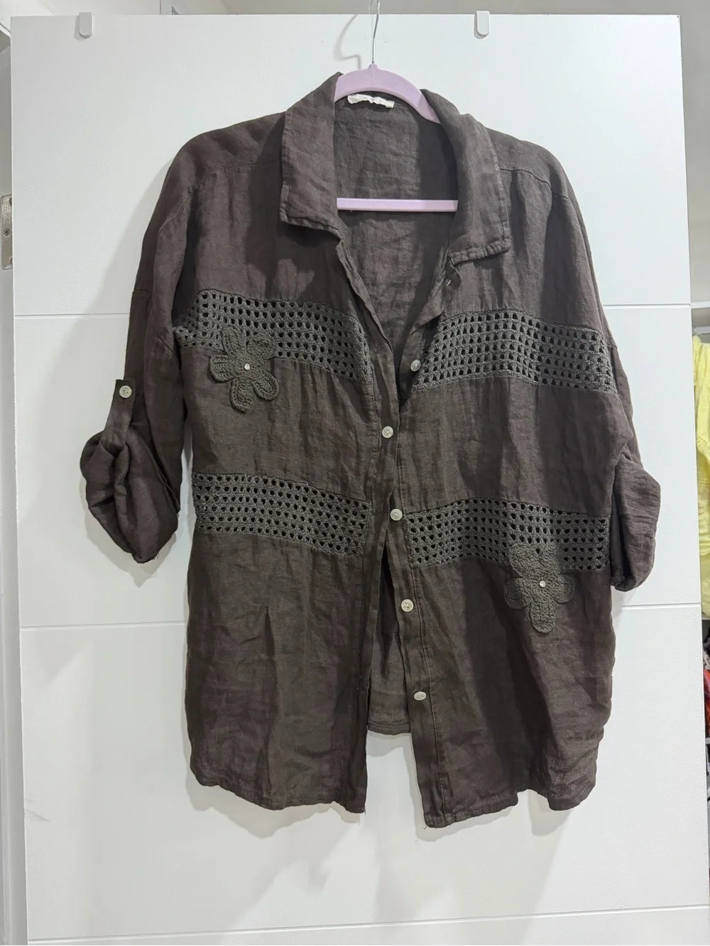 Crochet Panel Button-Front Linen Shirt Jacket - Brown one size fits all